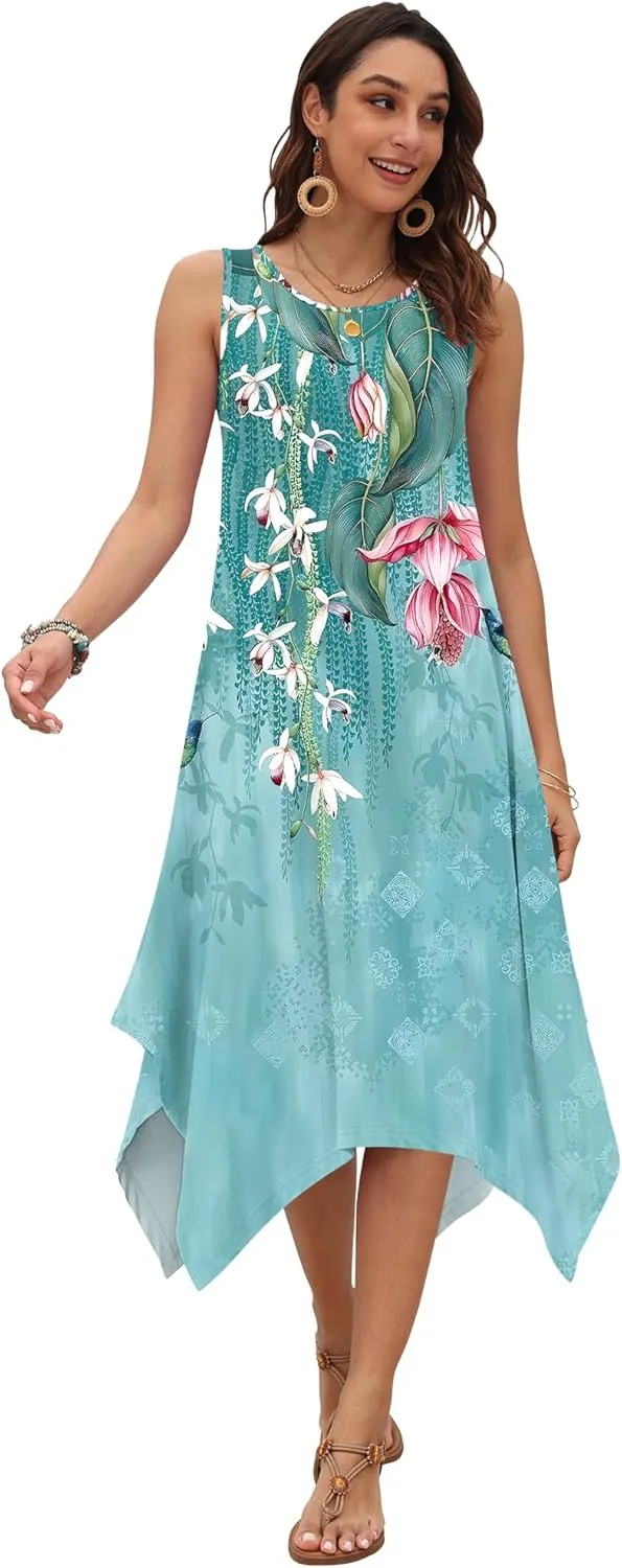 AUSELILY Women's Summer Dresses 2025 Casual Sleeveless Sundress Asymmetrical Hem Midi Tank Beach Dress with Pockets