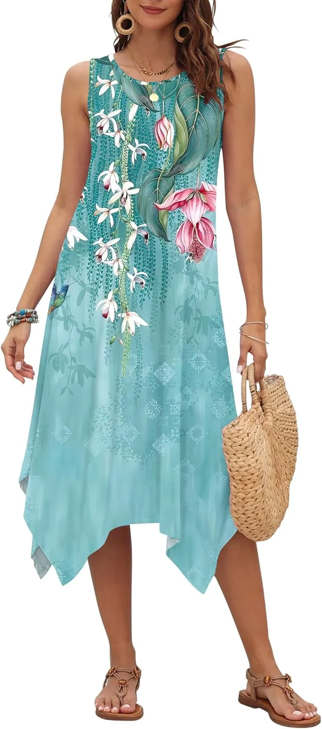 AUSELILY Women's Summer Dresses 2025 Casual Sleeveless Sundress Asymmetrical Hem Midi Tank Beach Dress with Pockets