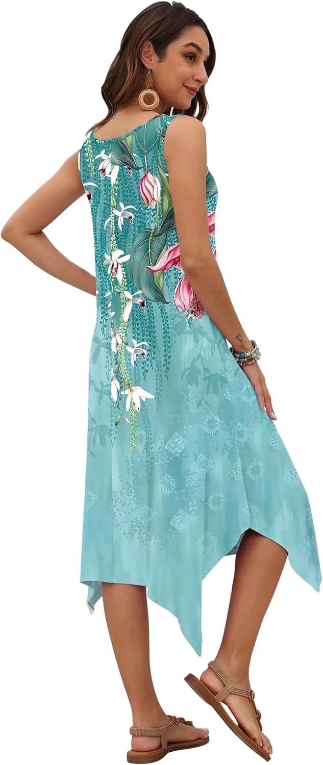 AUSELILY Women's Summer Dresses 2025 Casual Sleeveless Sundress Asymmetrical Hem Midi Tank Beach Dress with Pockets