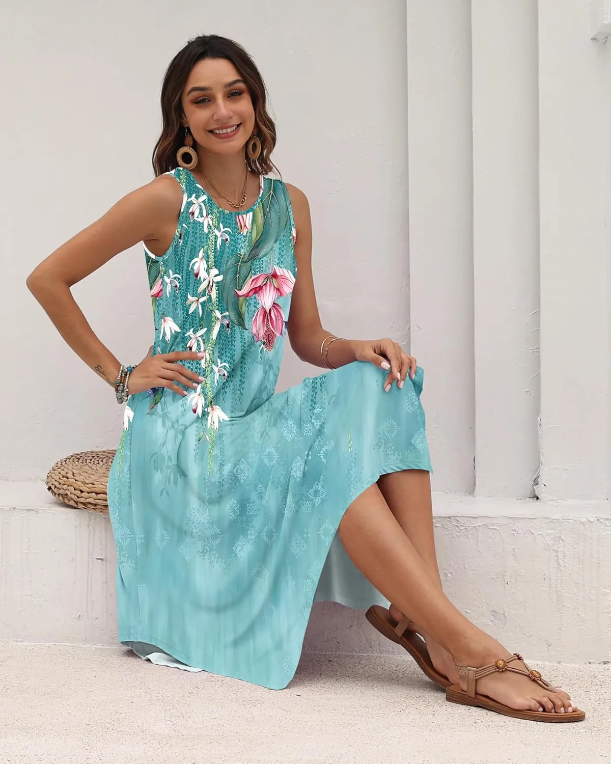 AUSELILY Women's Summer Dresses 2025 Casual Sleeveless Sundress Asymmetrical Hem Midi Tank Beach Dress with Pockets