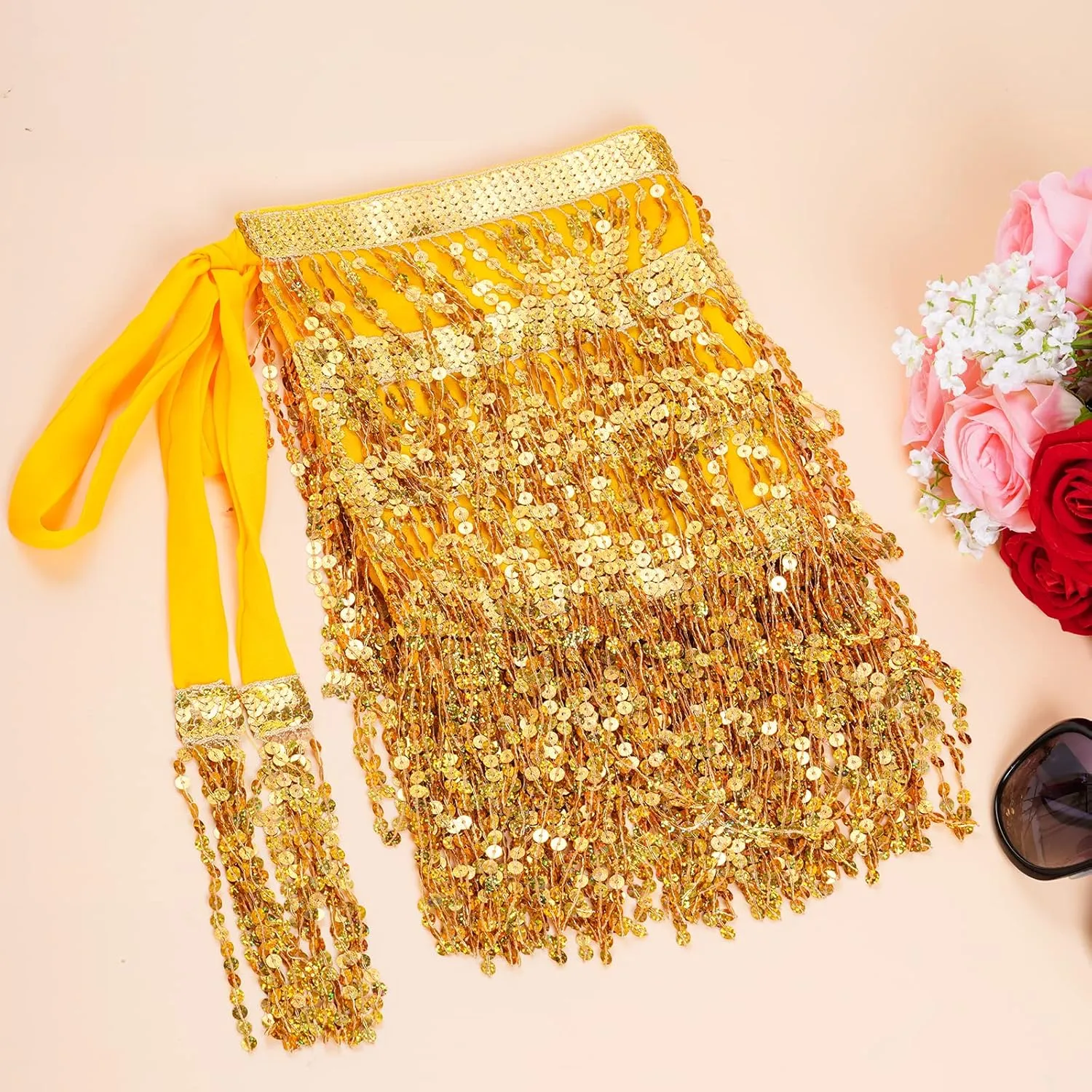 Belly Dance Hip Scarf Sequin Tassel Skirt Wrap Sparkly Rave Costume for Women