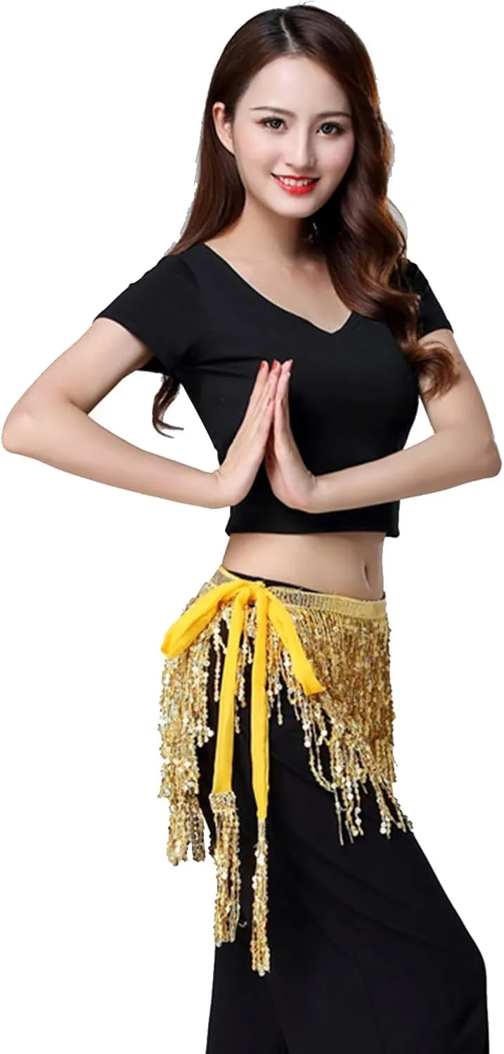 Belly Dance Hip Scarf Sequin Tassel Skirt Wrap Sparkly Rave Costume for Women