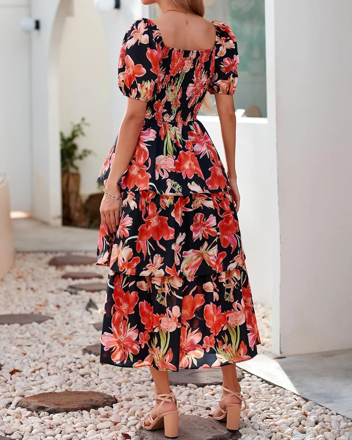 BTFBM Womens Square Neck Smocked Dress Summer Puff Short Sleeve Floral Casual Ruffle Tiered Maxi Wedding Guest Dresses