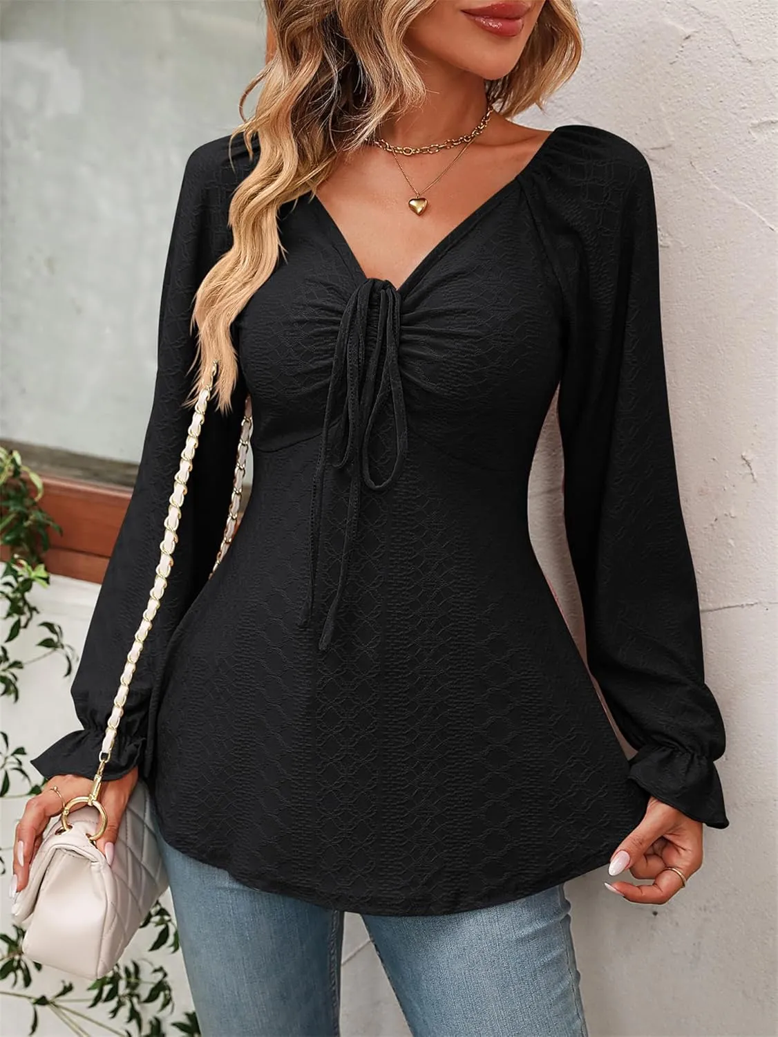 CASURESS Women's Tunic Tops for Leggings Long Sleeve Tie Front Casual Fall Blouses