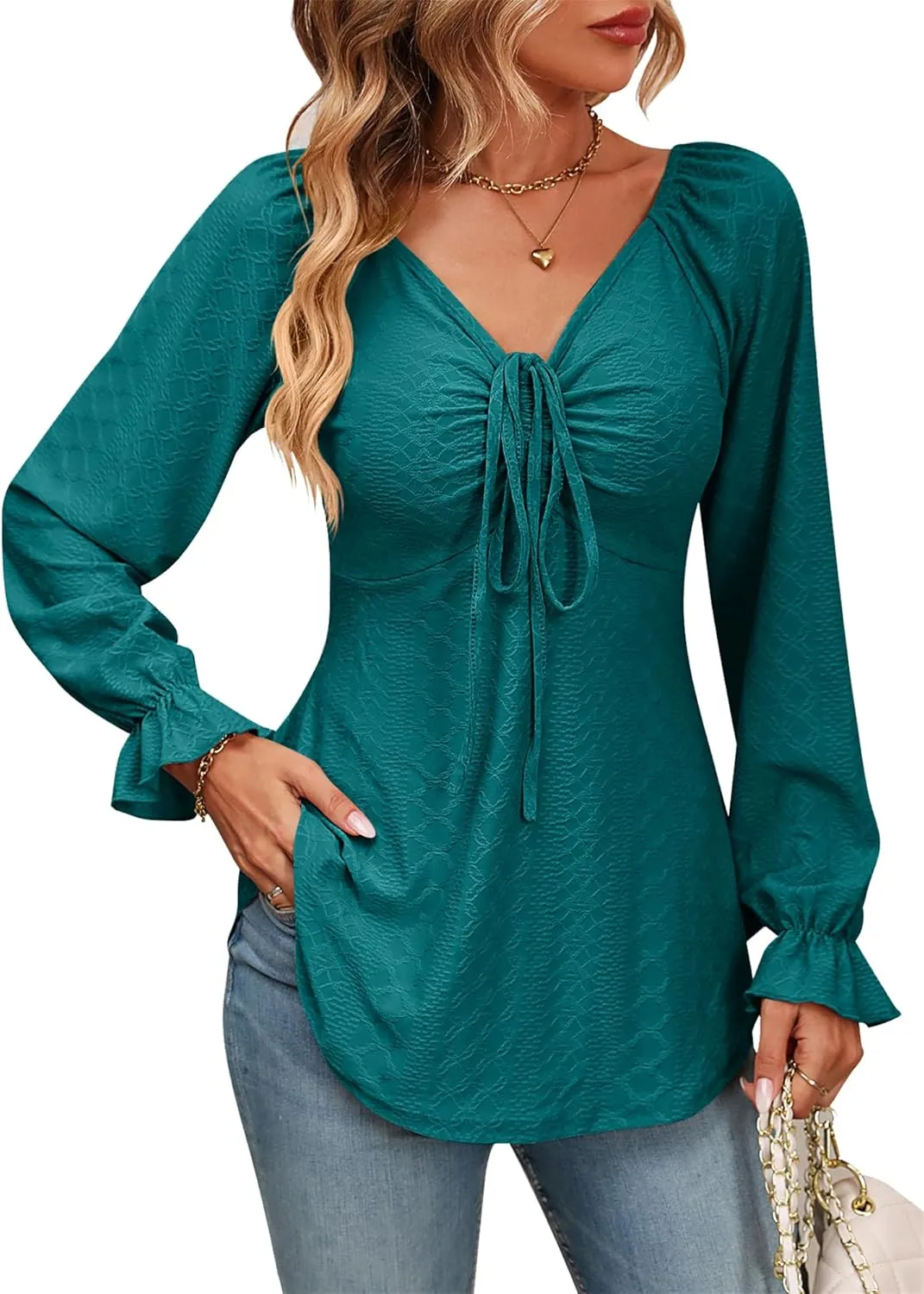 CASURESS Women's Tunic Tops for Leggings Long Sleeve Tie Front Casual Fall Blouses