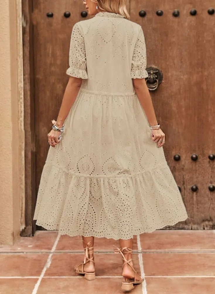chouyatou Women's Summer Boho Embroidery Eyelet Dress V-Neck Collared Tiered Midi Tunic Dress