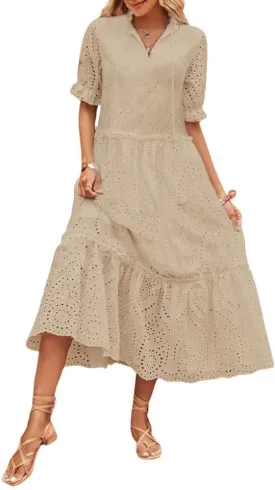 chouyatou Women's Summer Boho Embroidery Eyelet Dress V-Neck Collared Tiered Midi Tunic Dress