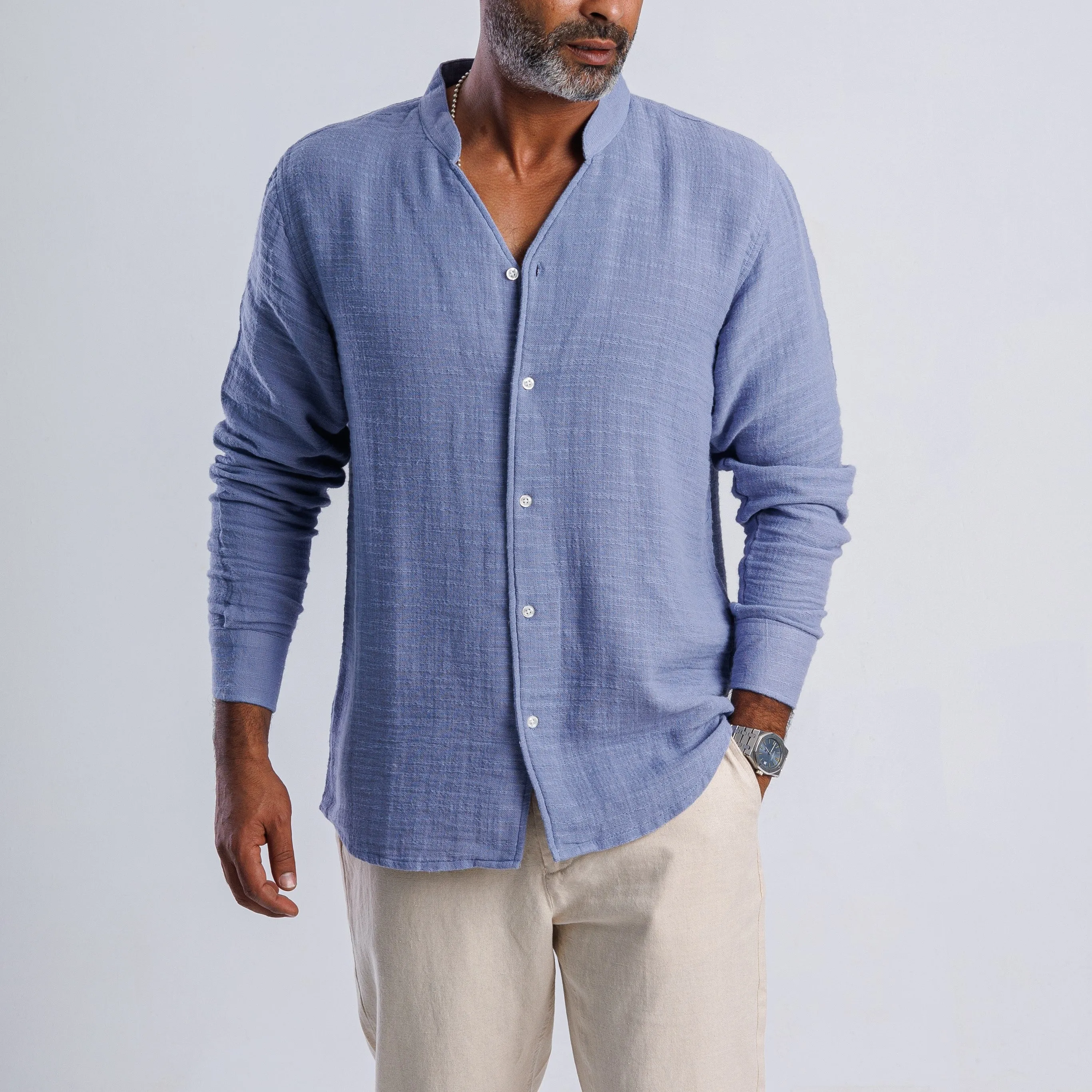 Collarless Linen Shirt