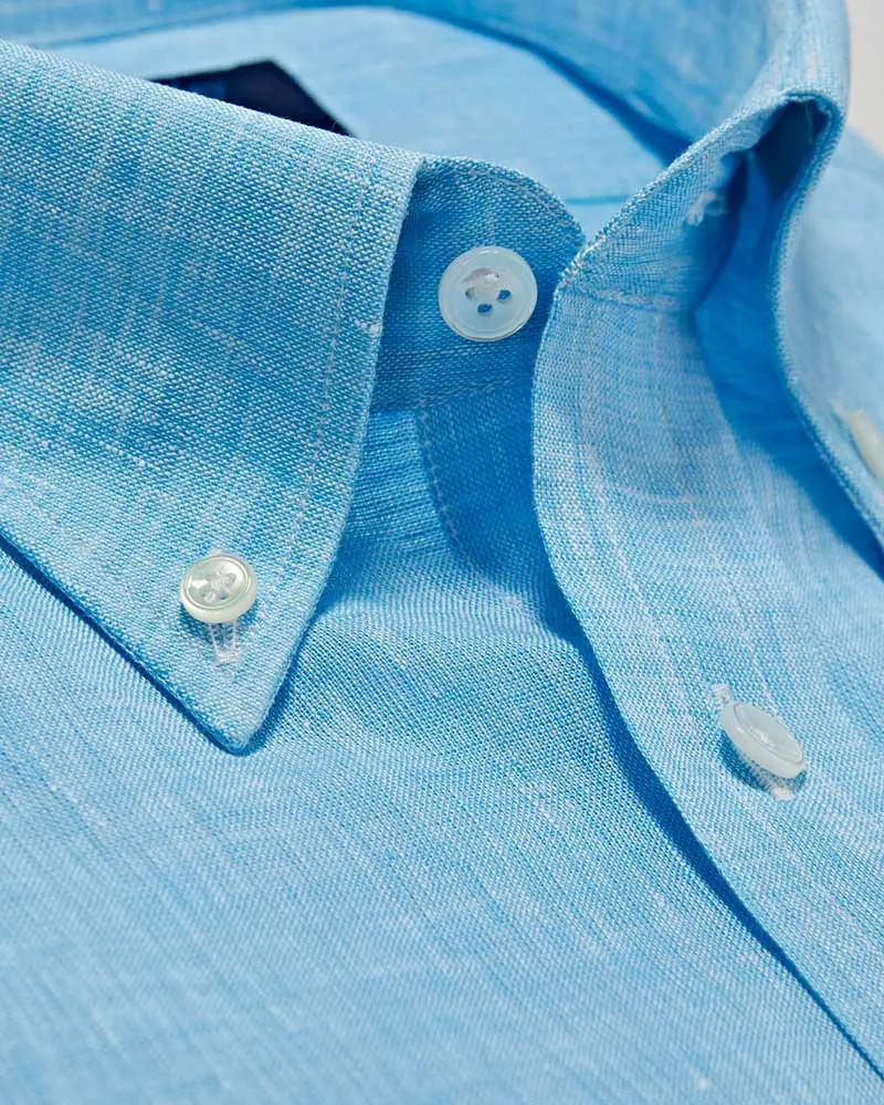 Contemporary Fit Plain Turquoise Linen Shirt with Button Down Collar & Two Button Cuff