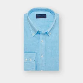 Contemporary Fit Plain Turquoise Linen Shirt with Button Down Collar & Two Button Cuff