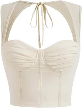 COZYEASE Women's Tie Back Sweetheart Neck Ruched Crop Tank Top Sleeveless Bustier Tops