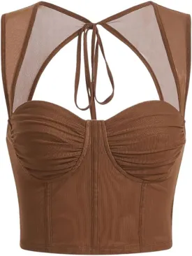 COZYEASE Women's Tie Back Sweetheart Neck Ruched Crop Tank Top Sleeveless Bustier Tops