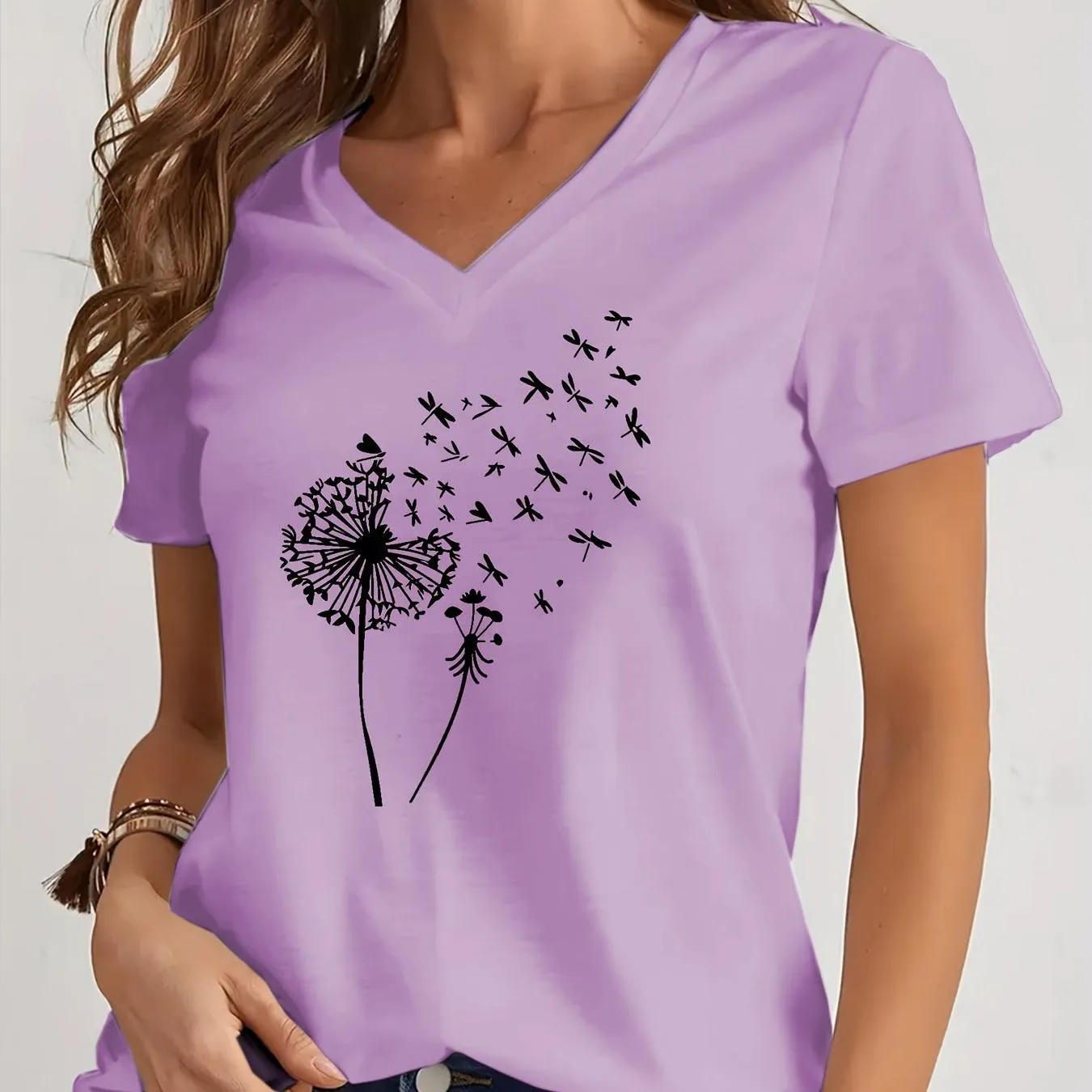 Dandelion Print V Neck T-Shirt for Spring and Summer Style