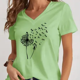 Dandelion Print V Neck T-Shirt for Spring and Summer Style