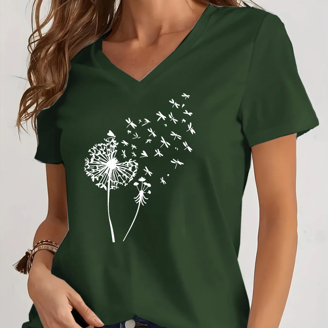 Dandelion Print V Neck T-Shirt for Spring and Summer Style