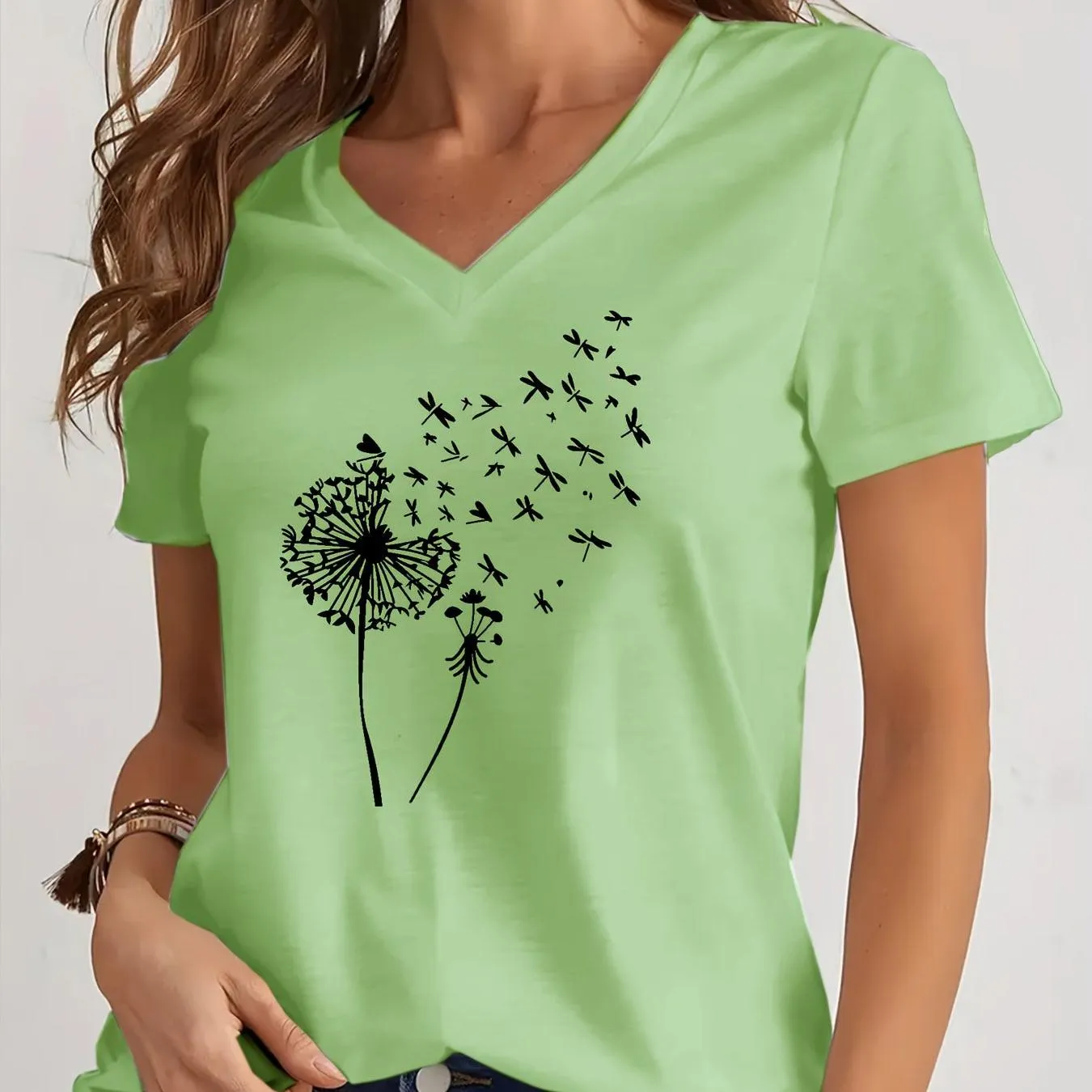 Dandelion Print V Neck T-Shirt for Spring and Summer Style