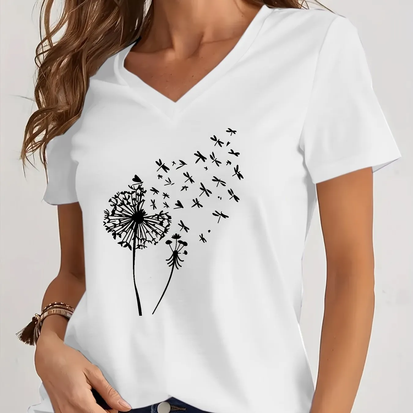 Dandelion Print V Neck T-Shirt for Spring and Summer Style