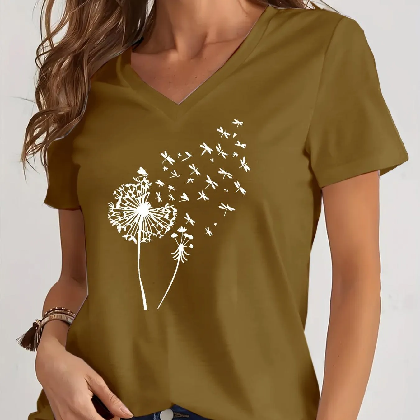 Dandelion Print V Neck T-Shirt for Spring and Summer Style