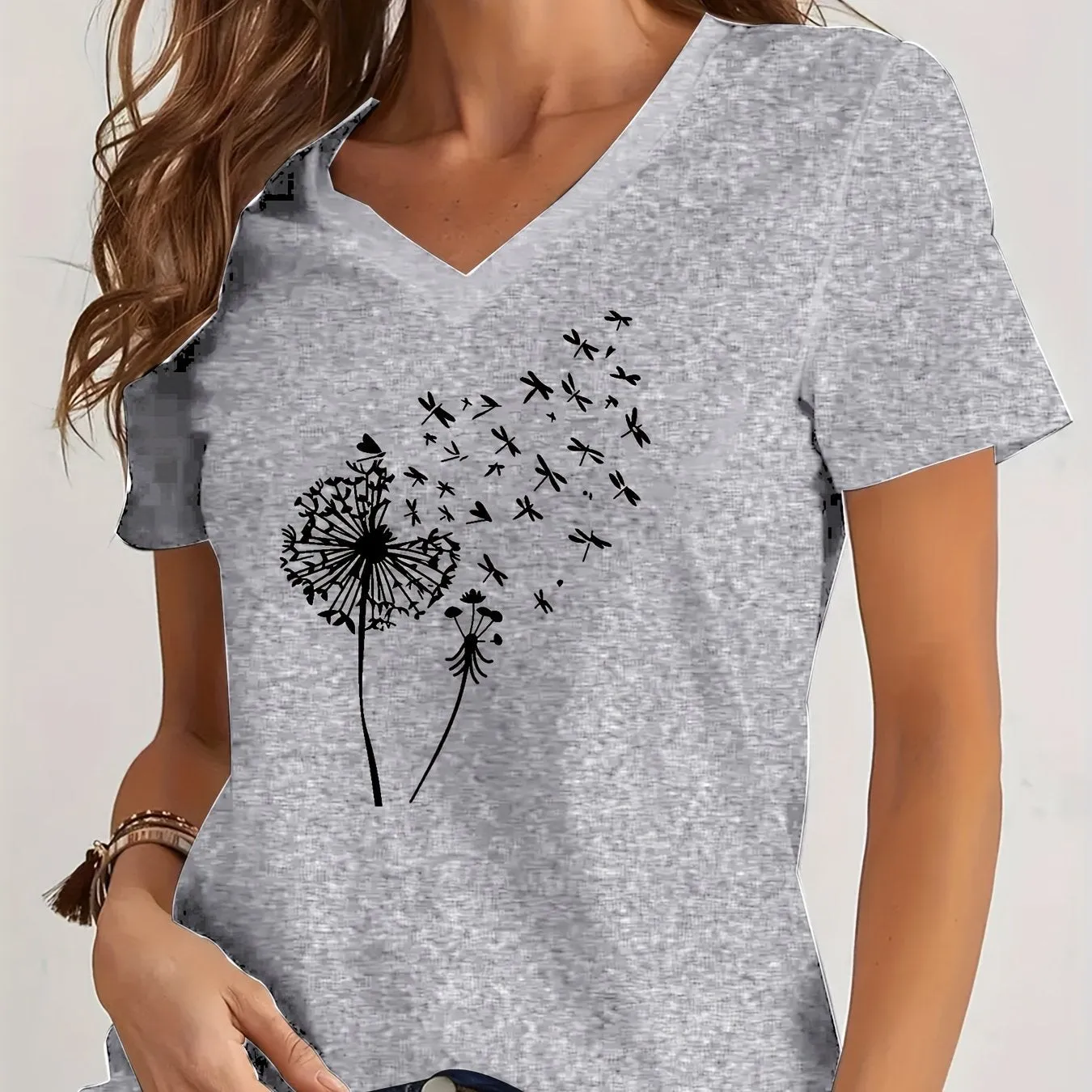 Dandelion Print V Neck T-Shirt for Spring and Summer Style