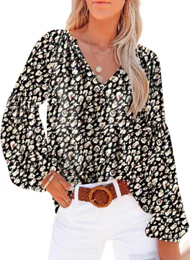 Dokotoo Women's Casual Boho Floral Print V Neck Long Sleeve T Shirt Blouses
