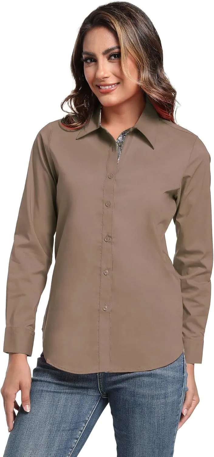 Esabel.C Womens Dress Shirts Cotton Long Sleeve Regular Fit Stretch Button Down Blouse