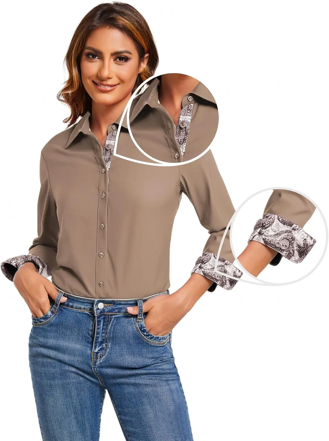 Esabel.C Womens Dress Shirts Cotton Long Sleeve Regular Fit Stretch Button Down Blouse