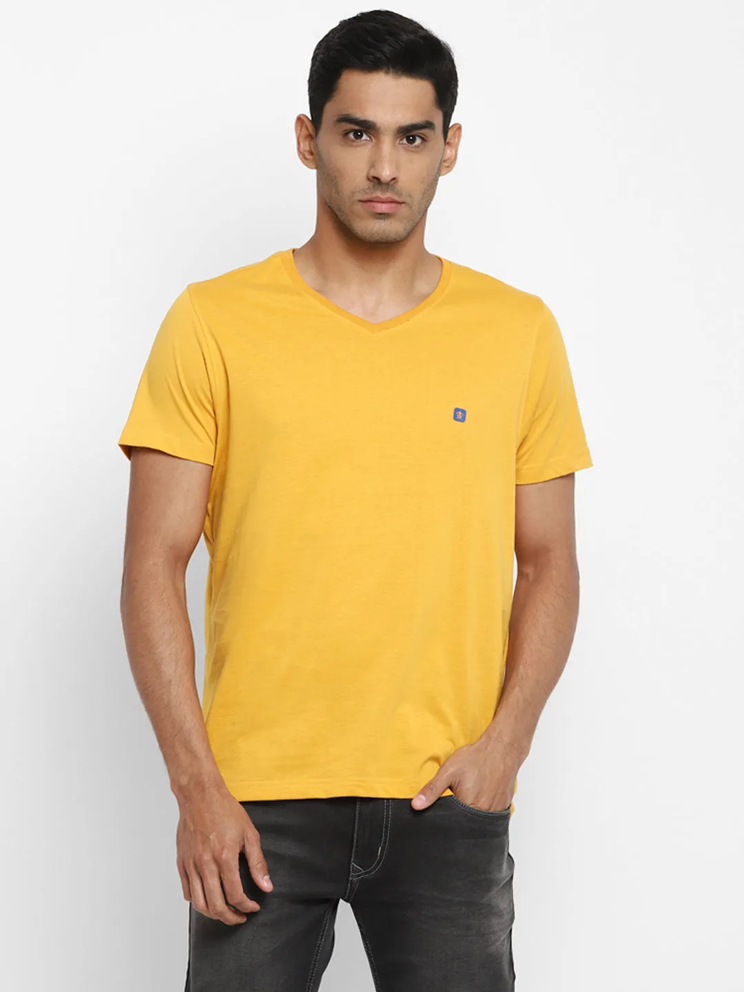 Essentials Yellow Solid V Neck T-Shirt