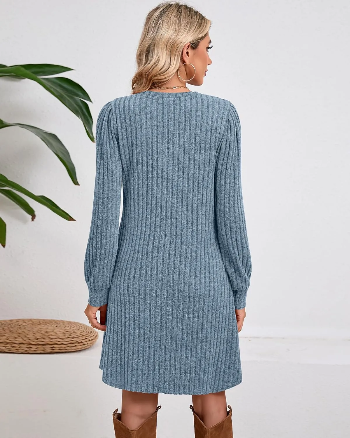 Ficerd Women's Knit Long Sleeve Sweater Dress Casual V Neck Tunic Dresses Fall Trendy Outfits