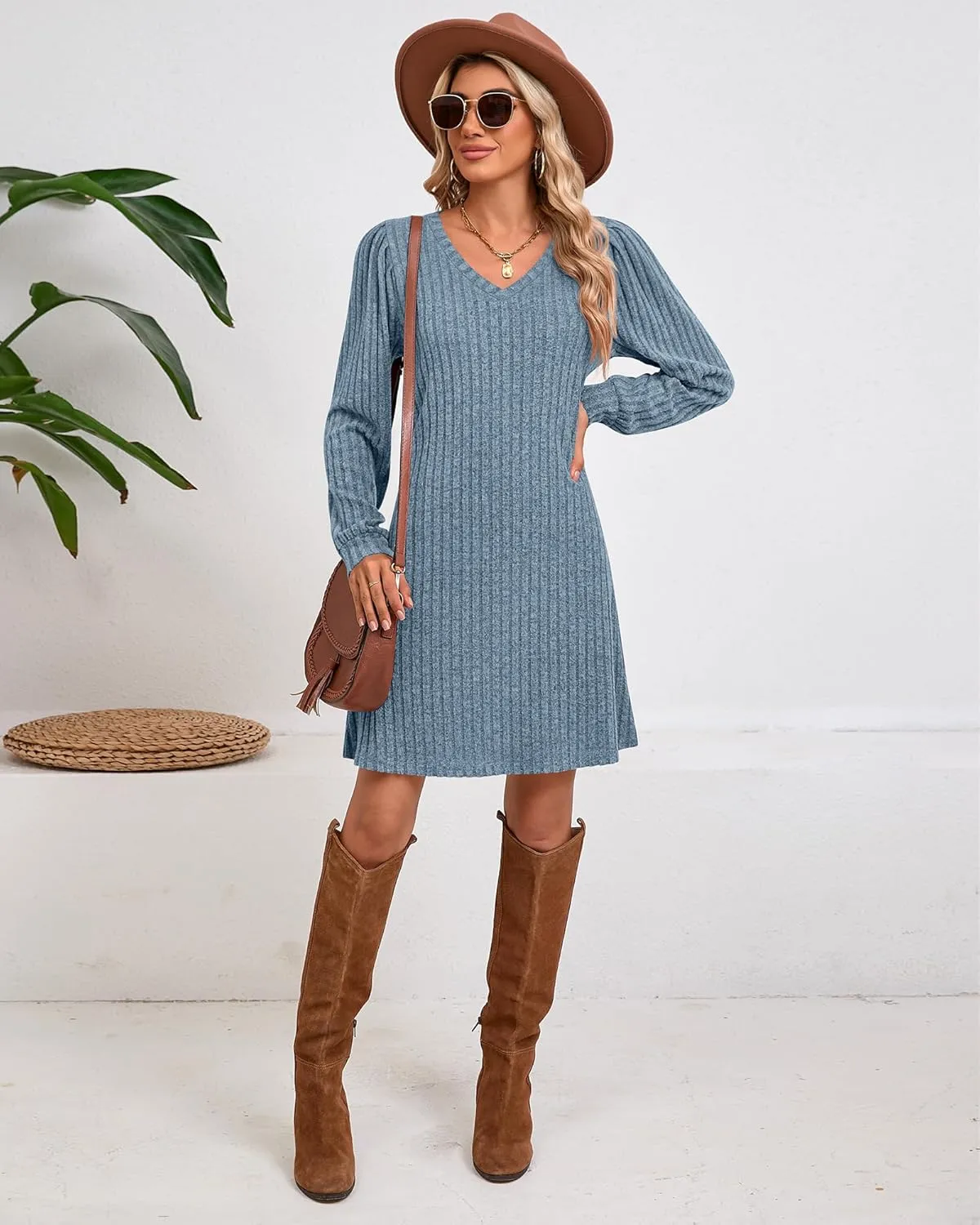 Ficerd Women's Knit Long Sleeve Sweater Dress Casual V Neck Tunic Dresses Fall Trendy Outfits