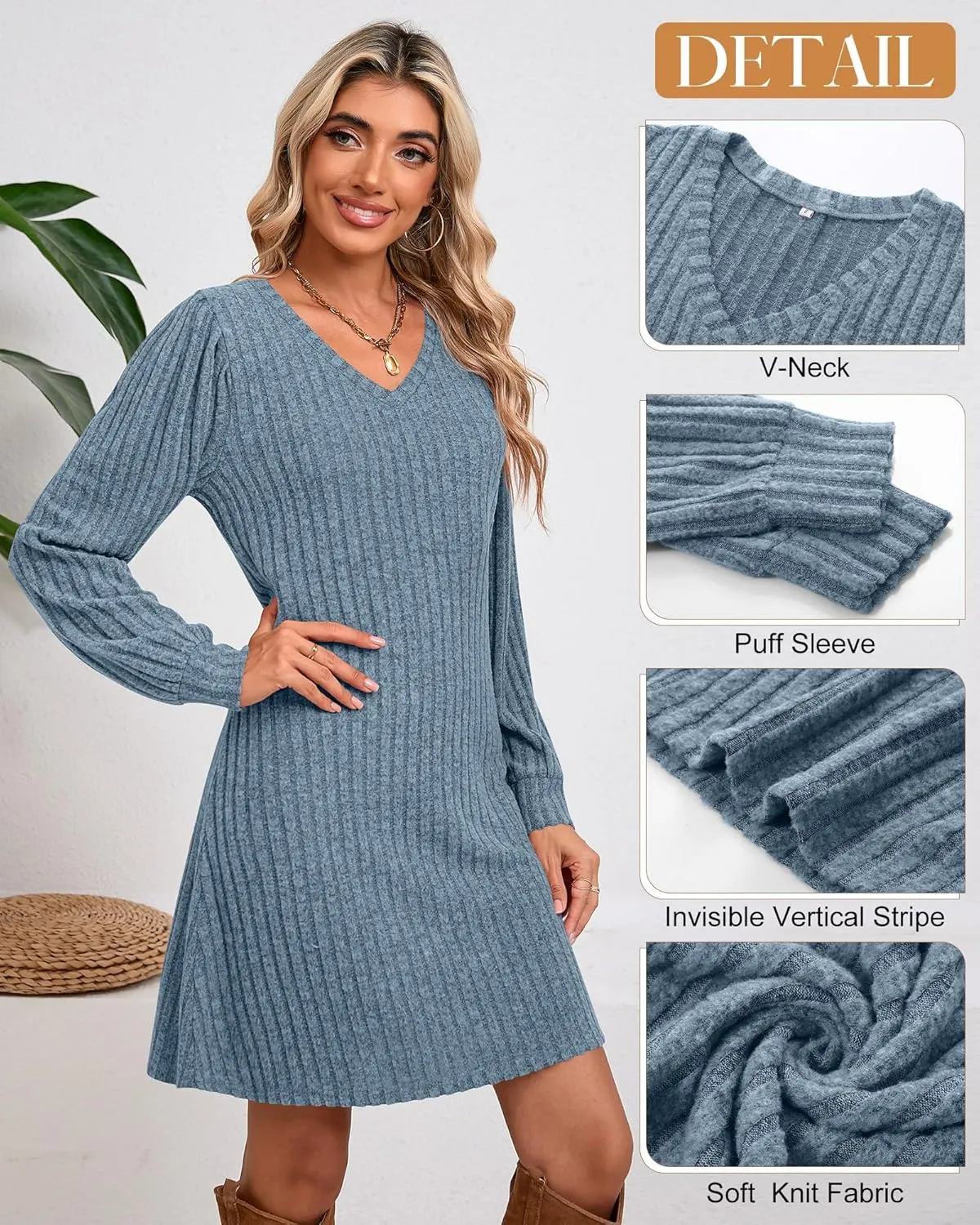 Ficerd Women's Knit Long Sleeve Sweater Dress Casual V Neck Tunic Dresses Fall Trendy Outfits