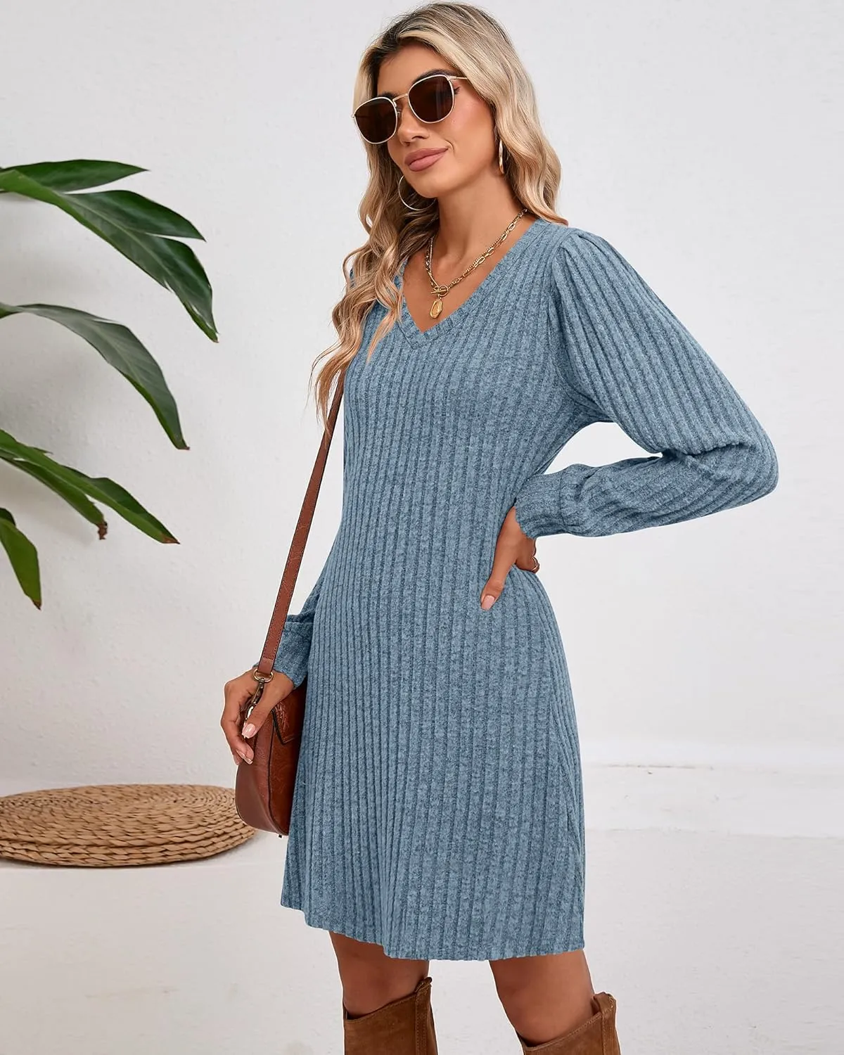 Ficerd Women's Knit Long Sleeve Sweater Dress Casual V Neck Tunic Dresses Fall Trendy Outfits