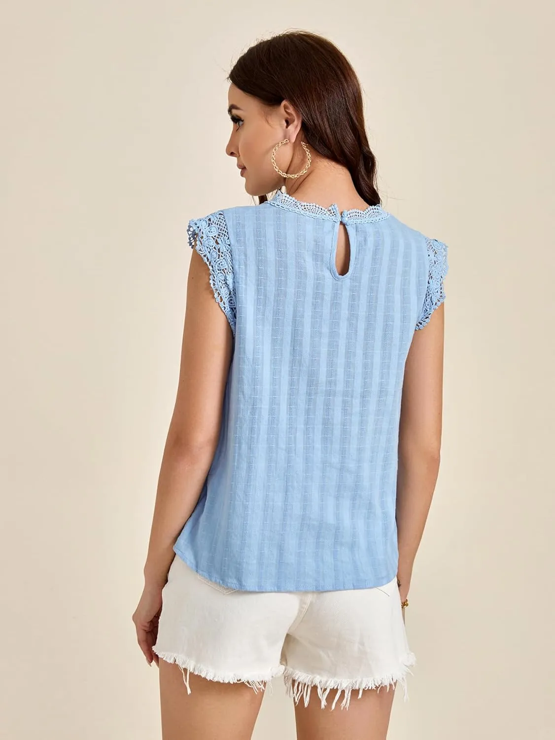 Floerns Women's Mock Neck Guipure Lace Trim Blouse Tops