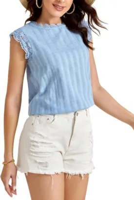 Floerns Women's Mock Neck Guipure Lace Trim Blouse Tops