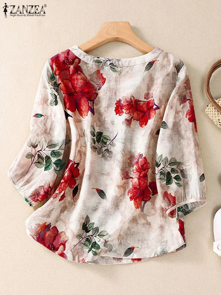 Floral Print Cotton Blouse, Bohemian 3/4 Sleeve Tunic Top