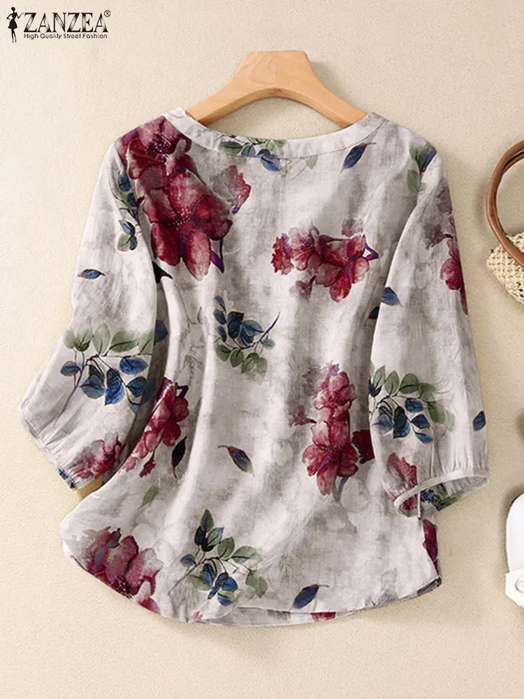 Floral Print Cotton Blouse, Bohemian 3/4 Sleeve Tunic Top