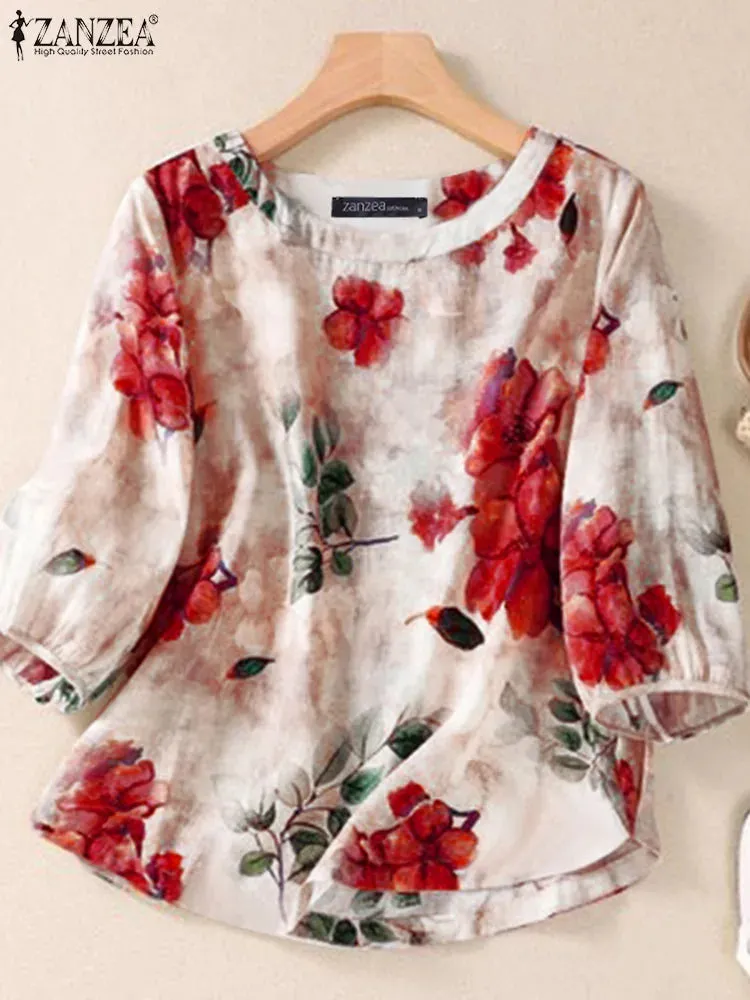 Floral Print Cotton Blouse, Bohemian 3/4 Sleeve Tunic Top