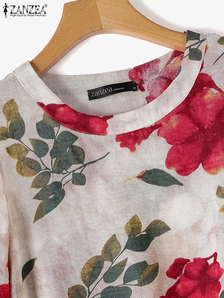 Floral Print Cotton Blouse, Bohemian 3/4 Sleeve Tunic Top