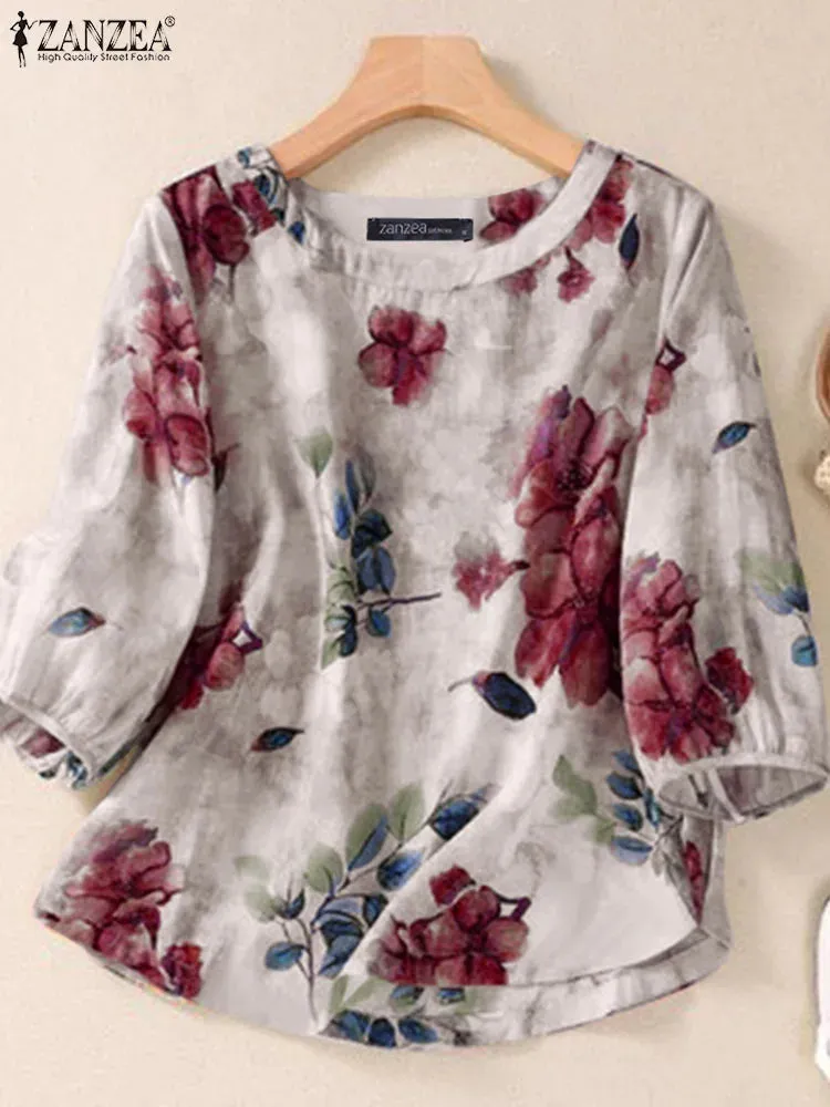 Floral Print Cotton Blouse, Bohemian 3/4 Sleeve Tunic Top