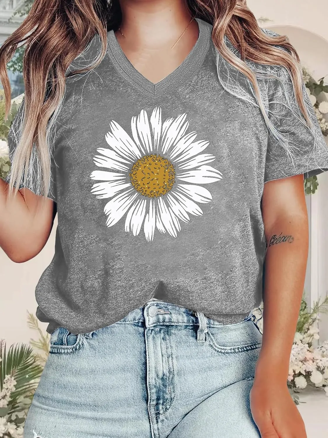 Flower Kindly Shirt for Women Funny Wildflower Plant T-Shirt Bohemian Summer Vacation V Neck Tops