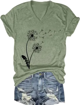 Flower Kindly Shirt for Women Funny Wildflower Plant T-Shirt Bohemian Summer Vacation V Neck Tops