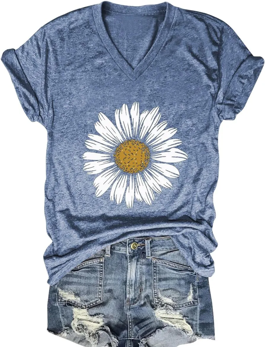 Flower Kindly Shirt for Women Funny Wildflower Plant T-Shirt Bohemian Summer Vacation V Neck Tops