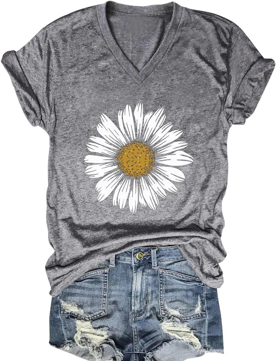 Flower Kindly Shirt for Women Funny Wildflower Plant T-Shirt Bohemian Summer Vacation V Neck Tops