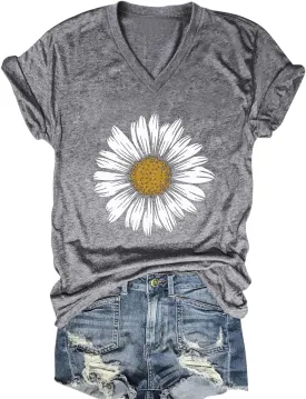 Flower Kindly Shirt for Women Funny Wildflower Plant T-Shirt Bohemian Summer Vacation V Neck Tops