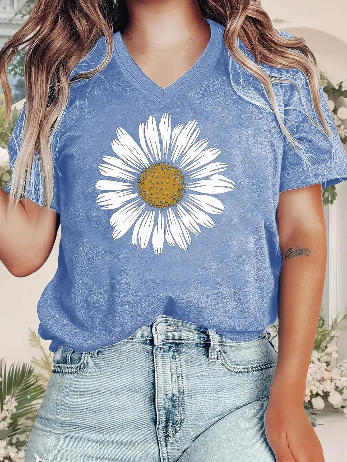 Flower Kindly Shirt for Women Funny Wildflower Plant T-Shirt Bohemian Summer Vacation V Neck Tops