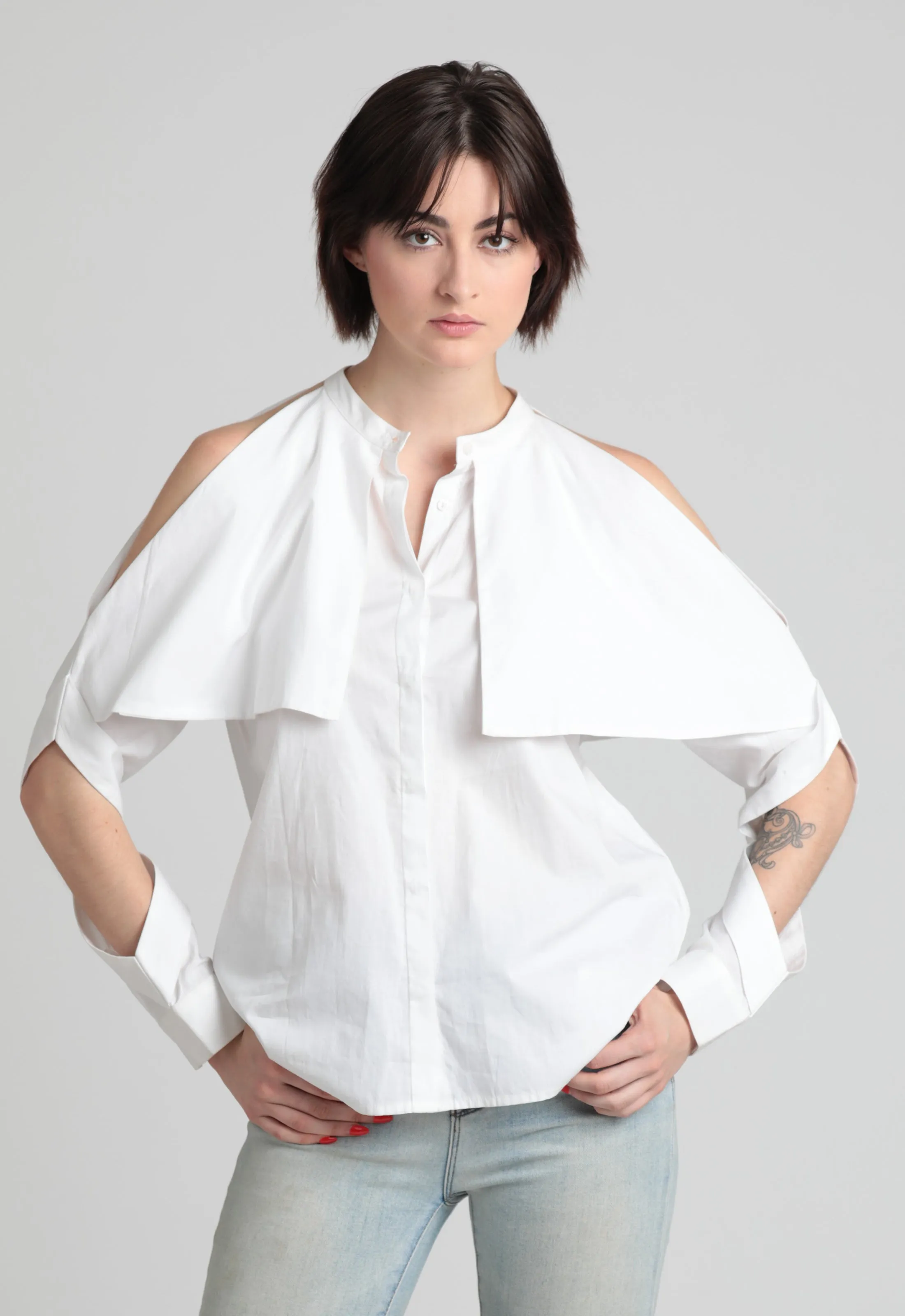 Fold-over cold shoulder Cotton shirt