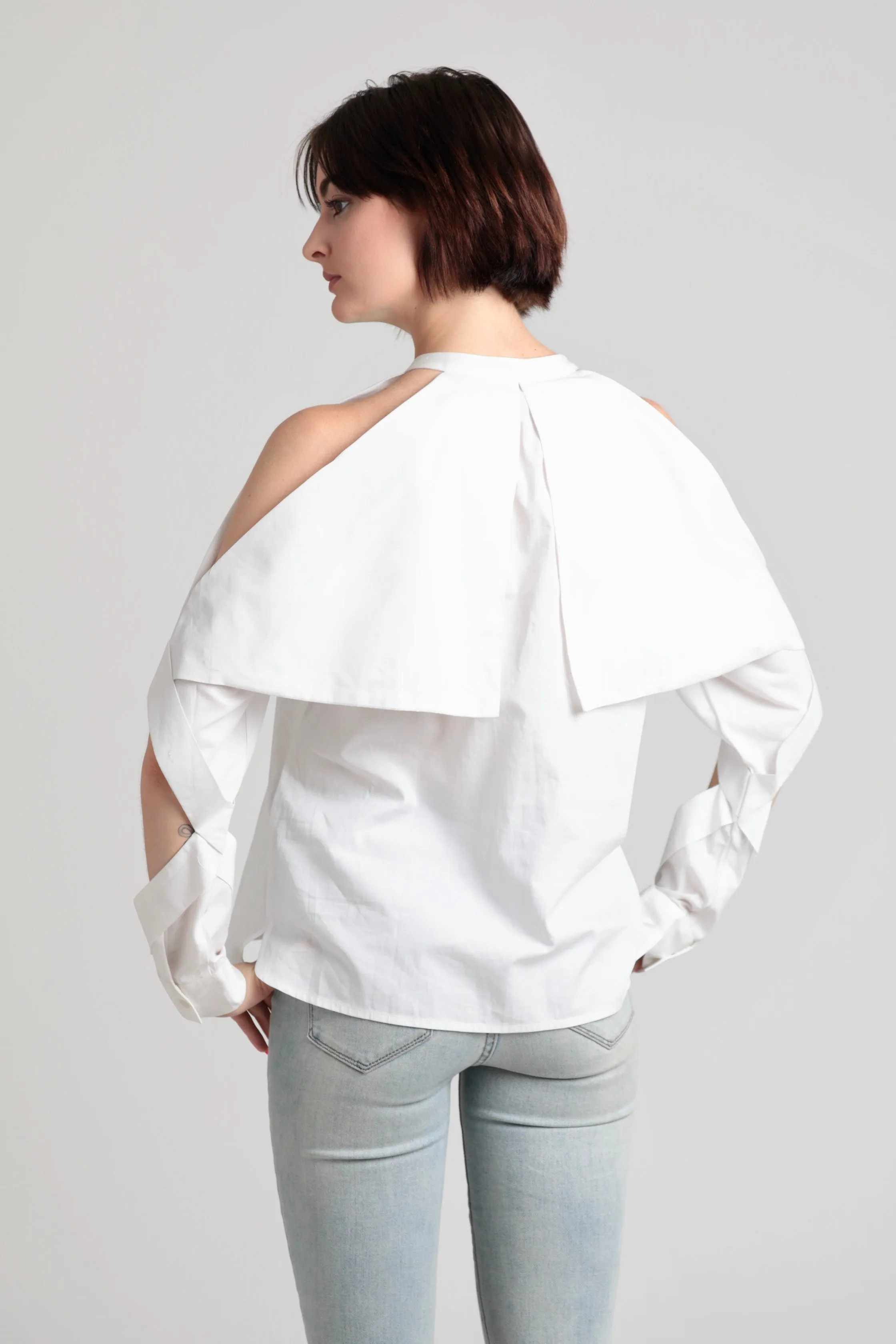 Fold-over cold shoulder Cotton shirt