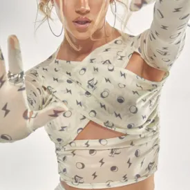 Gauze Printing Hollow Cross Gloves Crop Top