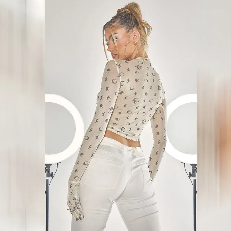 Gauze Printing Hollow Cross Gloves Crop Top