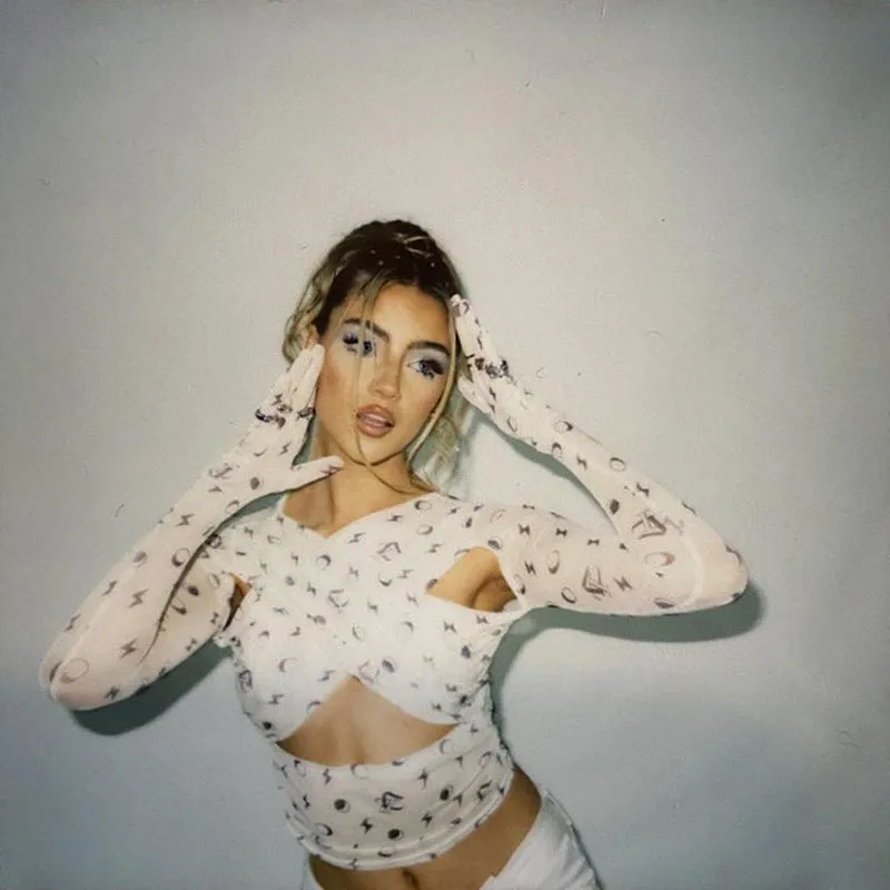 Gauze Printing Hollow Cross Gloves Crop Top