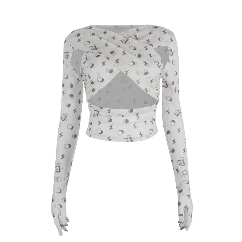 Gauze Printing Hollow Cross Gloves Crop Top